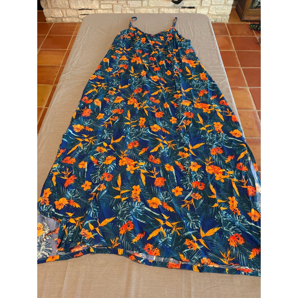 Dip‎ Tropical Floral Maxi Dress Blue Orange Hibiscus Viscose Sleeveless Large